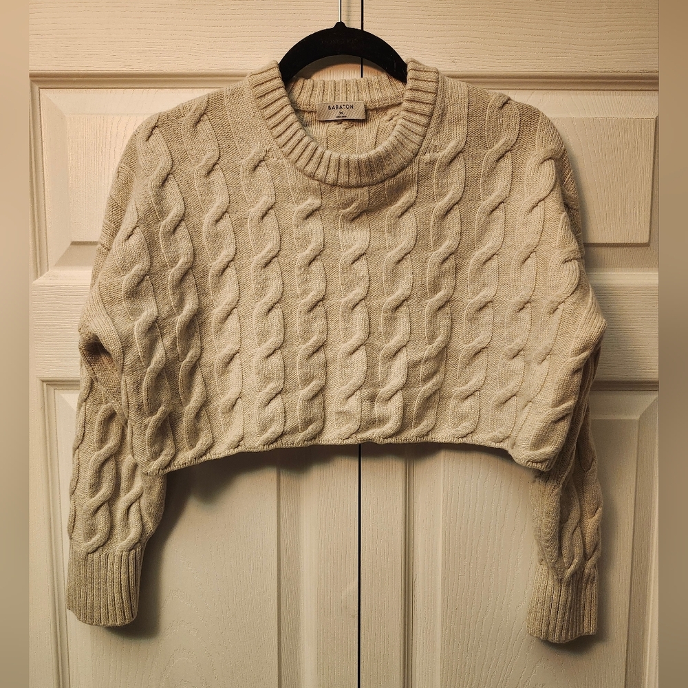 Babaton 100% Wool Cable Knit Cropped Sweater